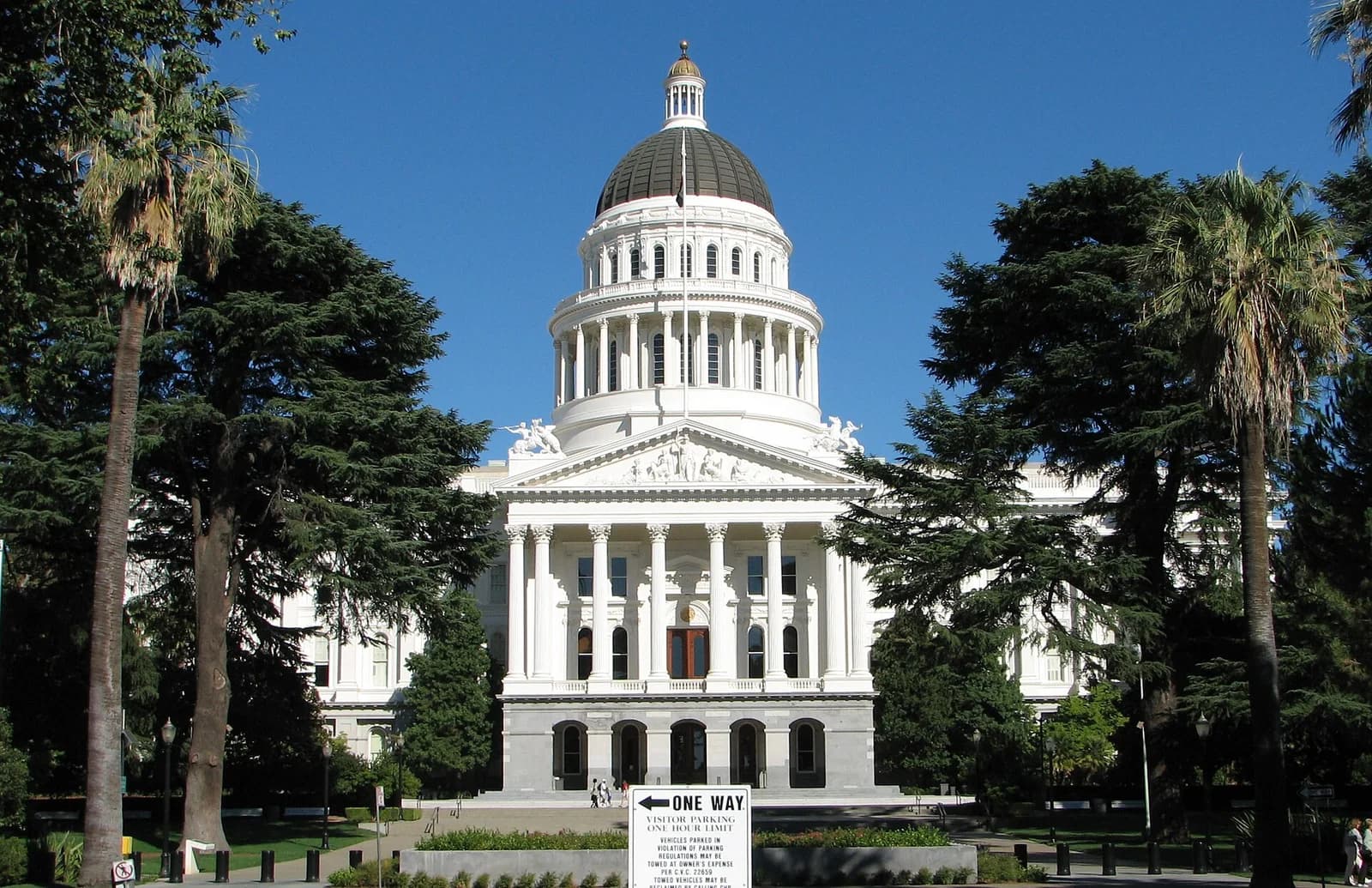 A grand white building with a large dome and columns stands prominently, framed by tall green trees and palm trees under a clear blue sky. A "ONE WAY" sign is visible in the foreground.