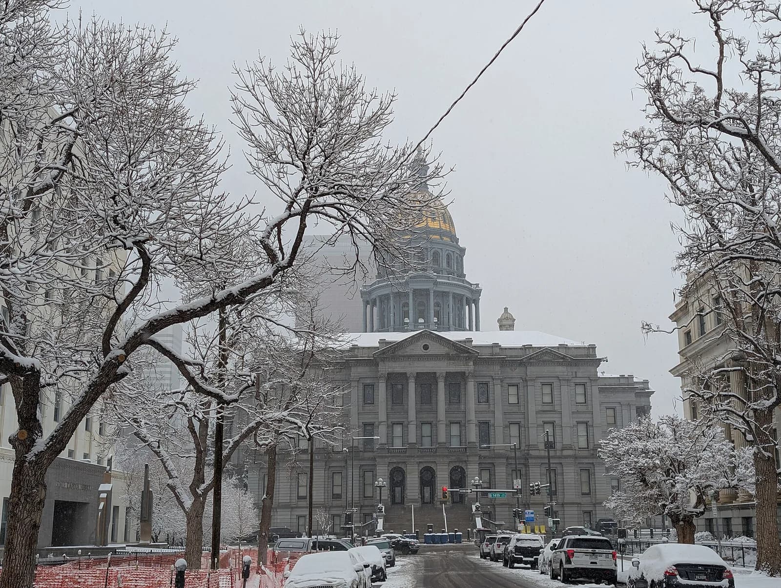 A large, grey stone institutional building with a golden dome is visible through snow-covered trees on a winter day. Cars are parked along a snow-dusted street in the foreground.