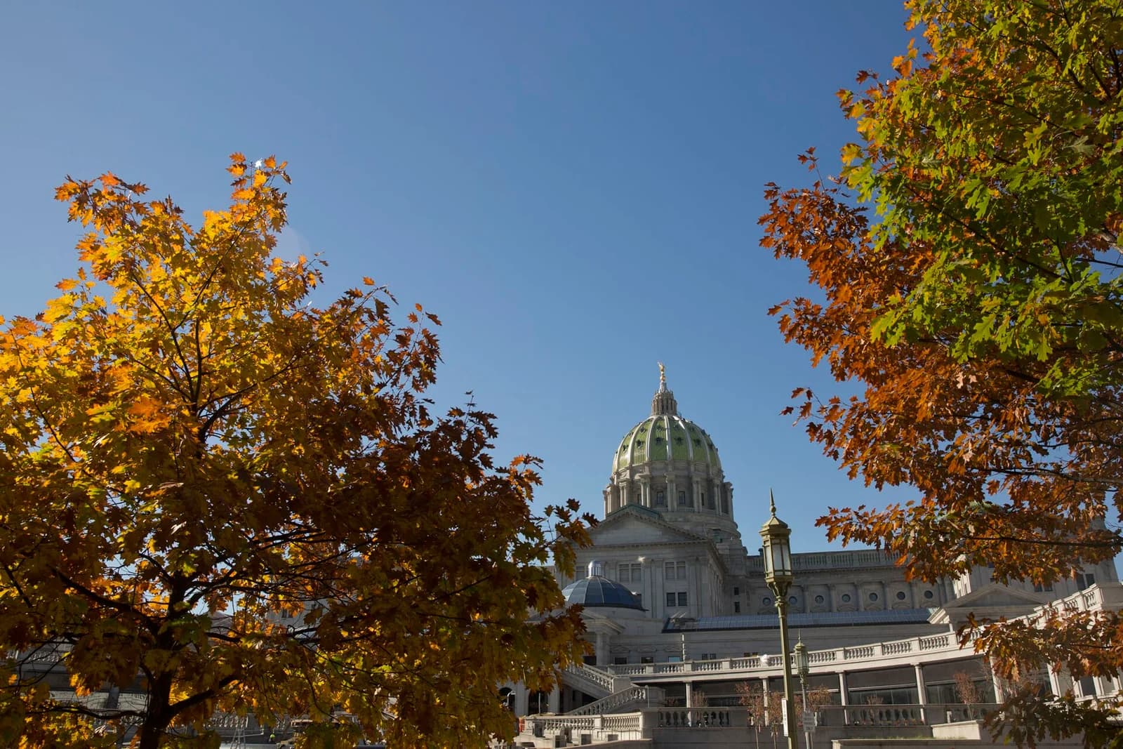 A large, ornate building with a green dome and classical architecture is partially visible behind autumn trees with yellow and orange leaves. The sky is clear blue.
