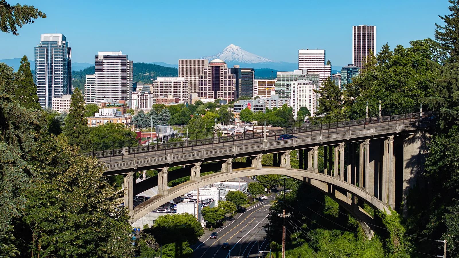A cityscape view shows a bridge in the foreground with a city skyline and a snow-capped mountain in the background. Lush green trees frame the scene on both sides.