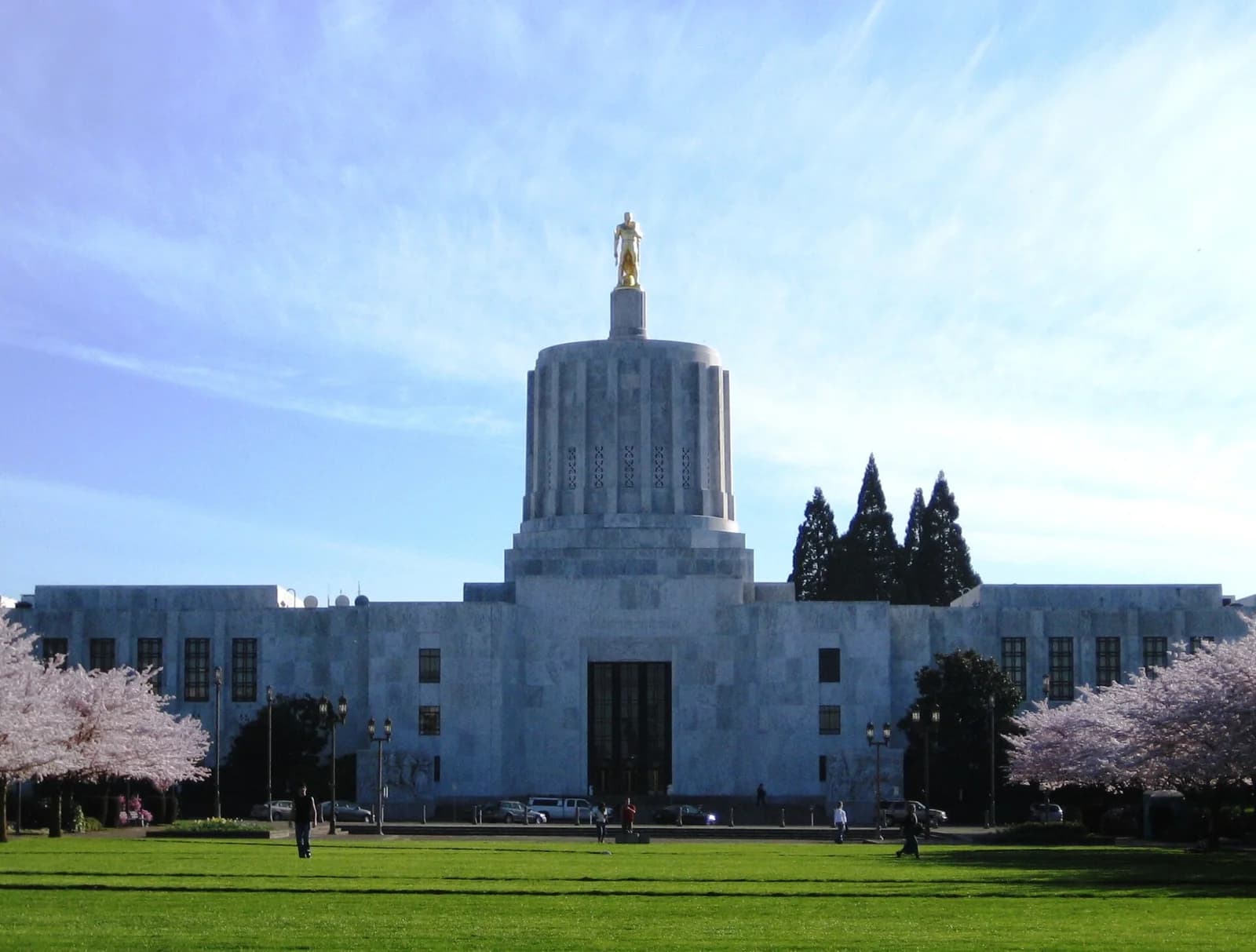 A large, light-colored stone building with a central dome topped by a golden statue stands behind a green lawn. Cherry blossom trees with pink flowers frame both sides of the lawn.