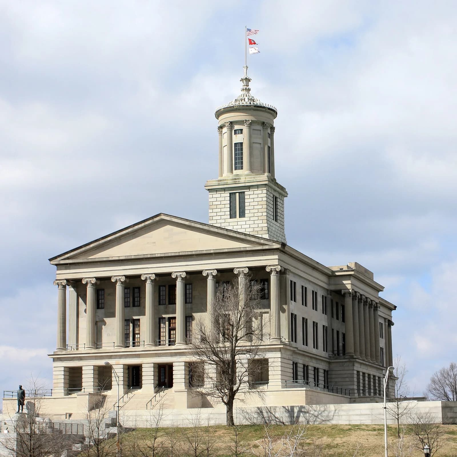 A large, light-colored stone building with a prominent central tower and classical columns stands on a grassy hill under a partly cloudy sky. Flags fly from the top of the tower, and a bare tree stands in front of the building.